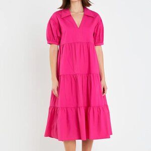 NWT SHORT PUFF SLEEVE V-NECK MIDI DRESS